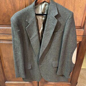 Stuart Hughes Men’s Blazer 44L Sport Coat Brown Houndstooth Elbow Patch Wool